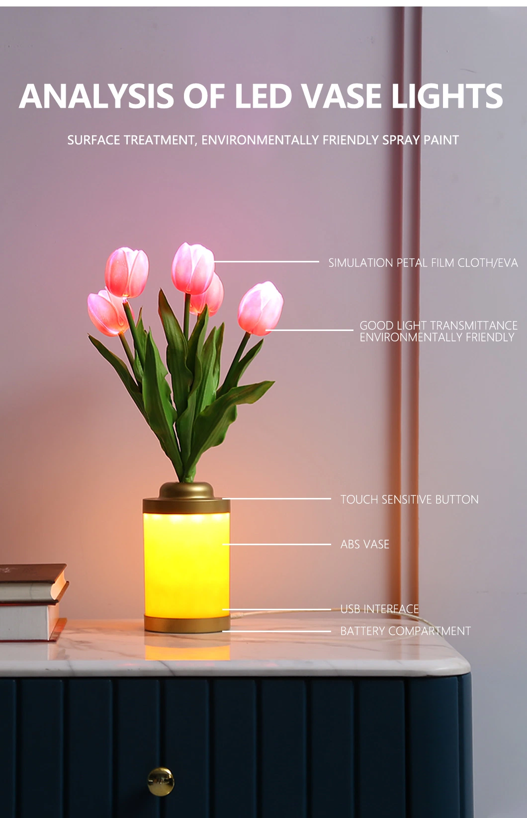 Amazon Tiktok Home Decoration LED Interior Lighting Desk Tiffany Bedside Rechargeable Lighting Touch Tulip Christmas Decoration Night LED Table Light